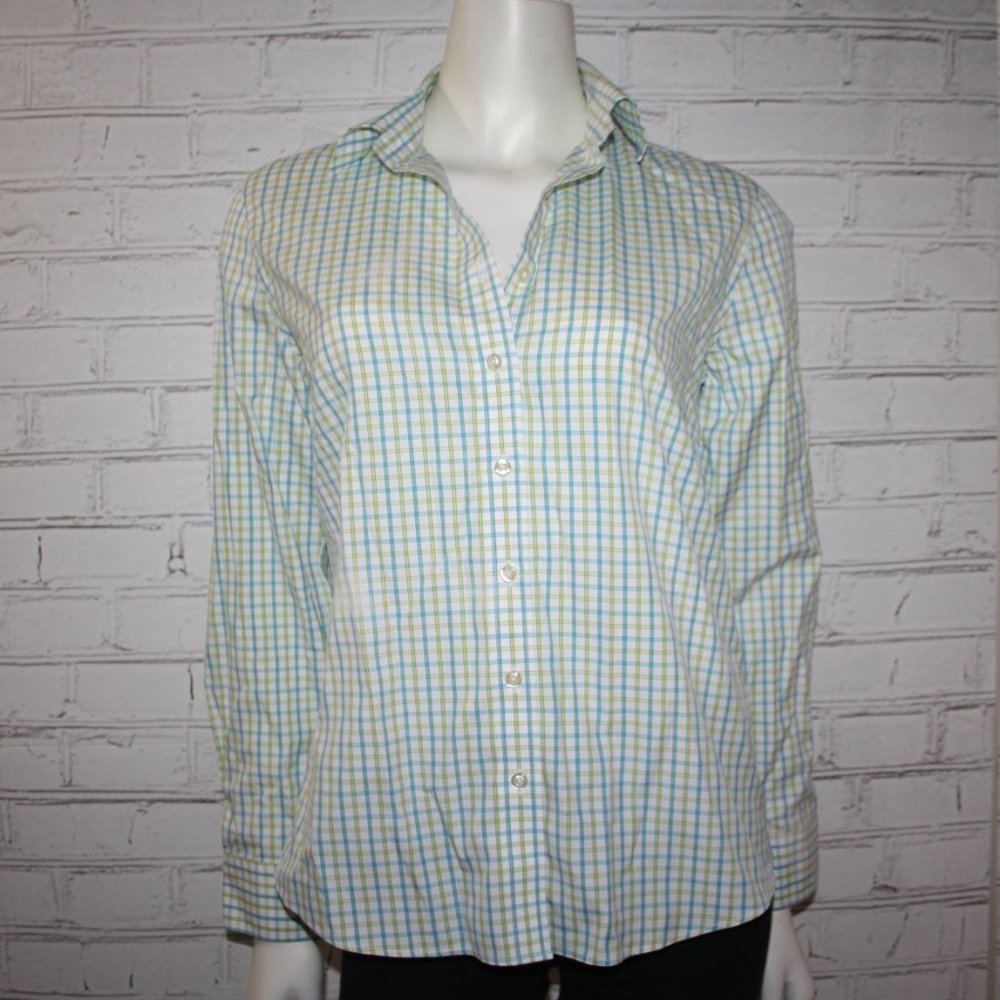 💚💙📏 Lands’ End Plaid Button-Down · Size 8
